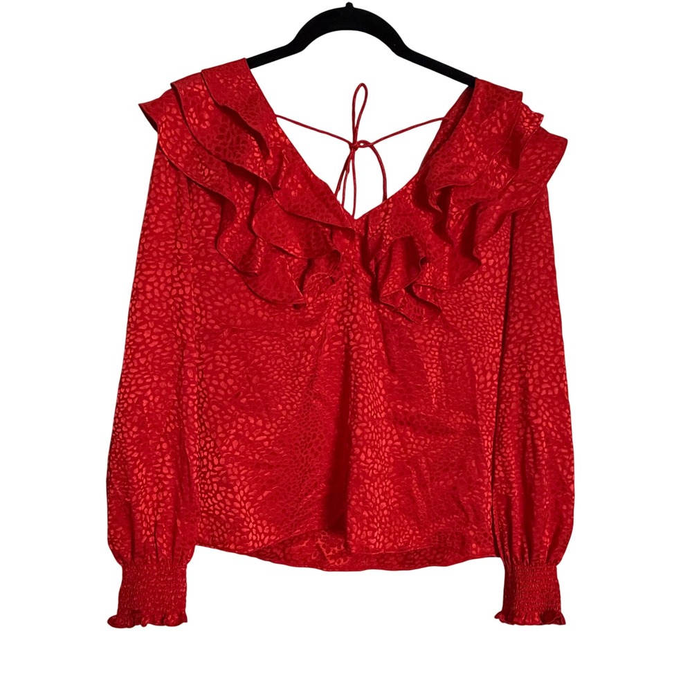 Hutch Red Leopard Jacquard Ruffle V-Neck Blouse Smocked Cuff Tie Back Top XS